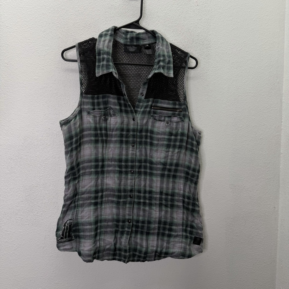 Harley Davidson Women's Tank top Snap Button Up Plaid Sz XL green Biker Mesh
